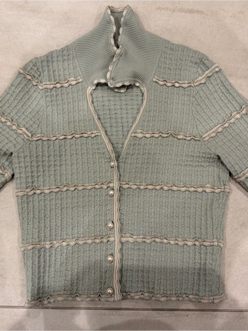 Sandro Mint Green Knit Button-Down Cardigan with Cream Trim